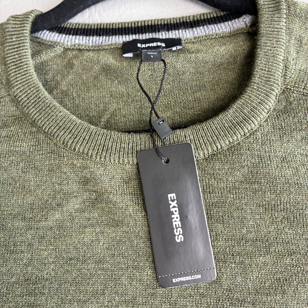Express Mens Merino Wool Crew Neck Sweater Dark Green L NWT 01776793 - Picture 7 of 15